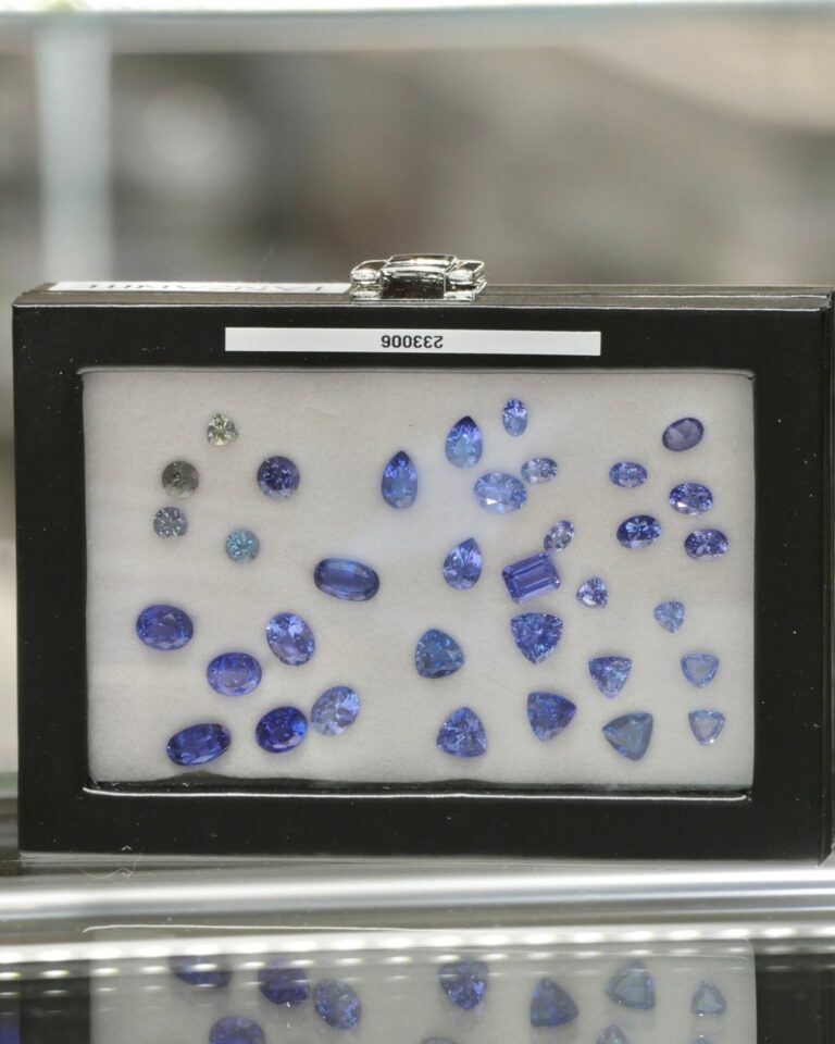 Blue gemstones displayed in a jewelry case at color trunk show