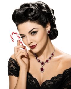 Vintage lady with color jewelry and candy