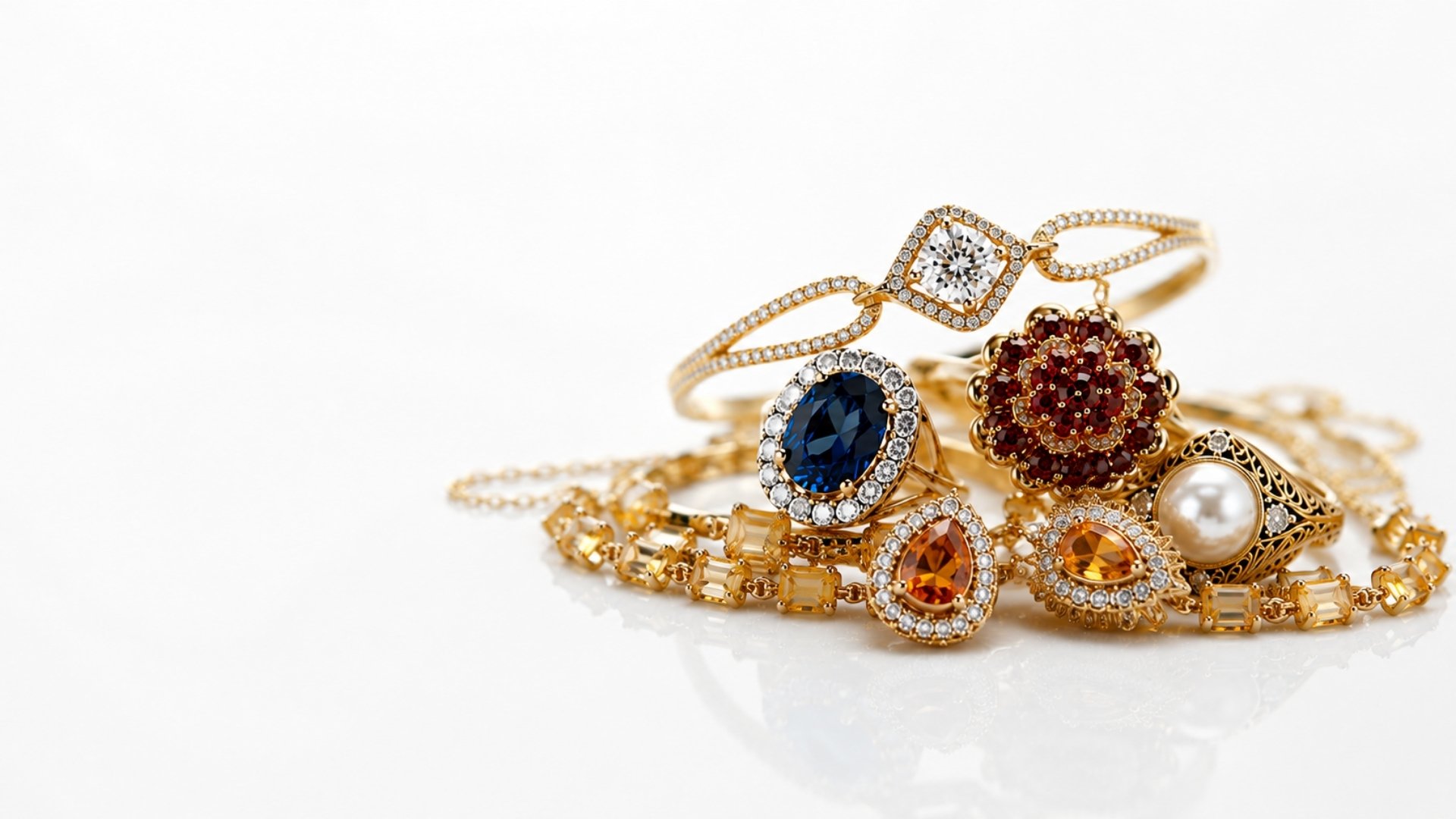 A smale pile of gold, diamond and color gemstone jewelry.