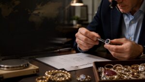 Rothschild Trading Journal 48 Image of a gemologist evaluating estate jewelry as part of the wealth transfer process