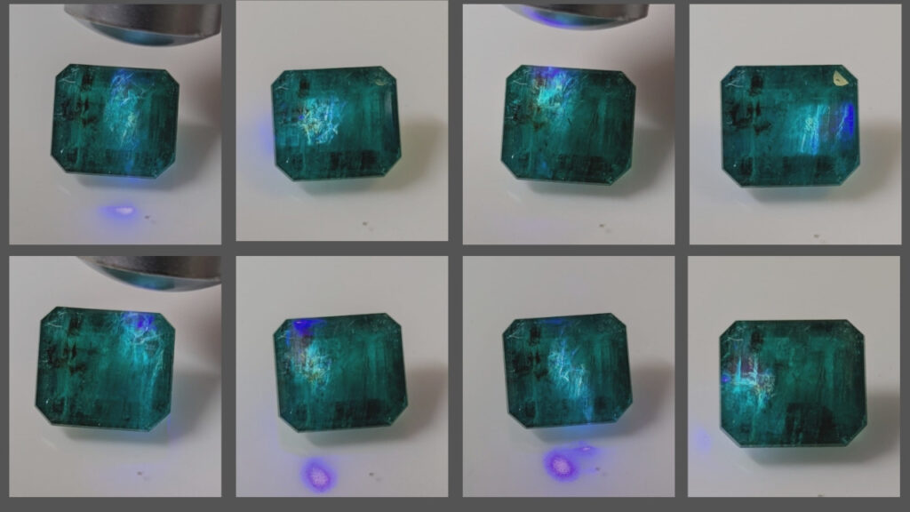 Emerald showing fracture filling under 405 nm light