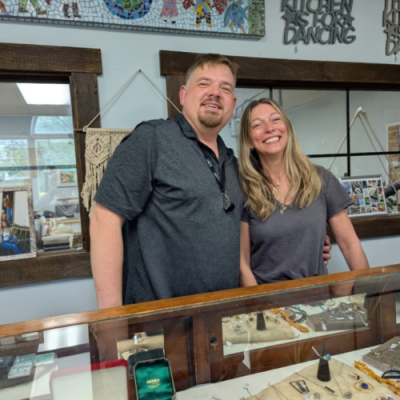 Bert Esterhuysen and the owner of So Me at the color trunk show in Allison Park